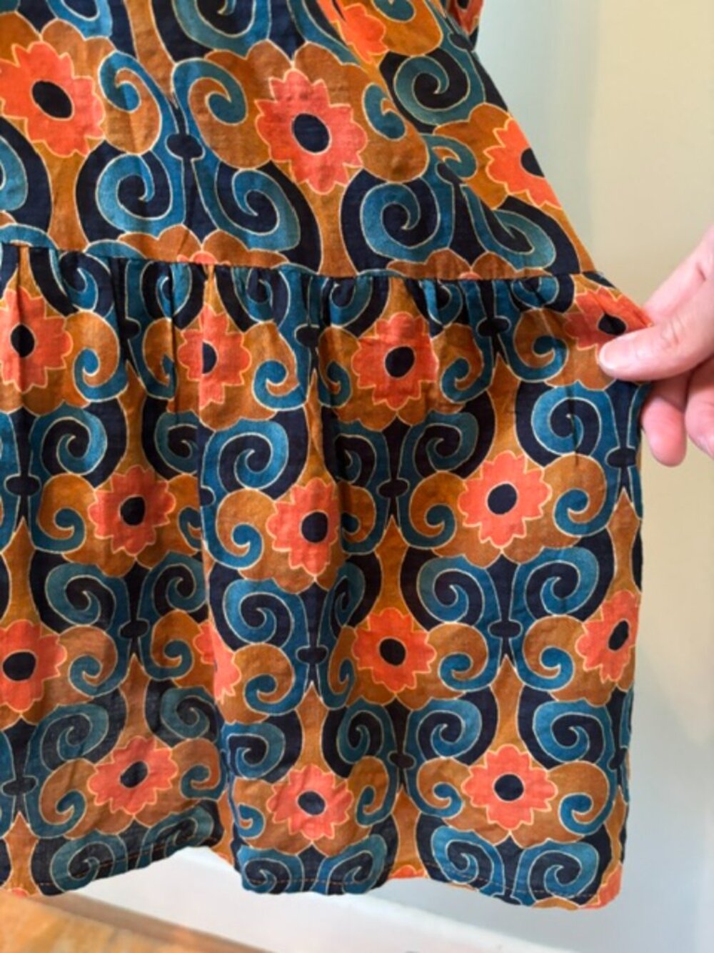 THML Blue/Orange Geometric Floral Tiered Mini Dress Balloon Sleeves Size Medium - Picture 7 of 13